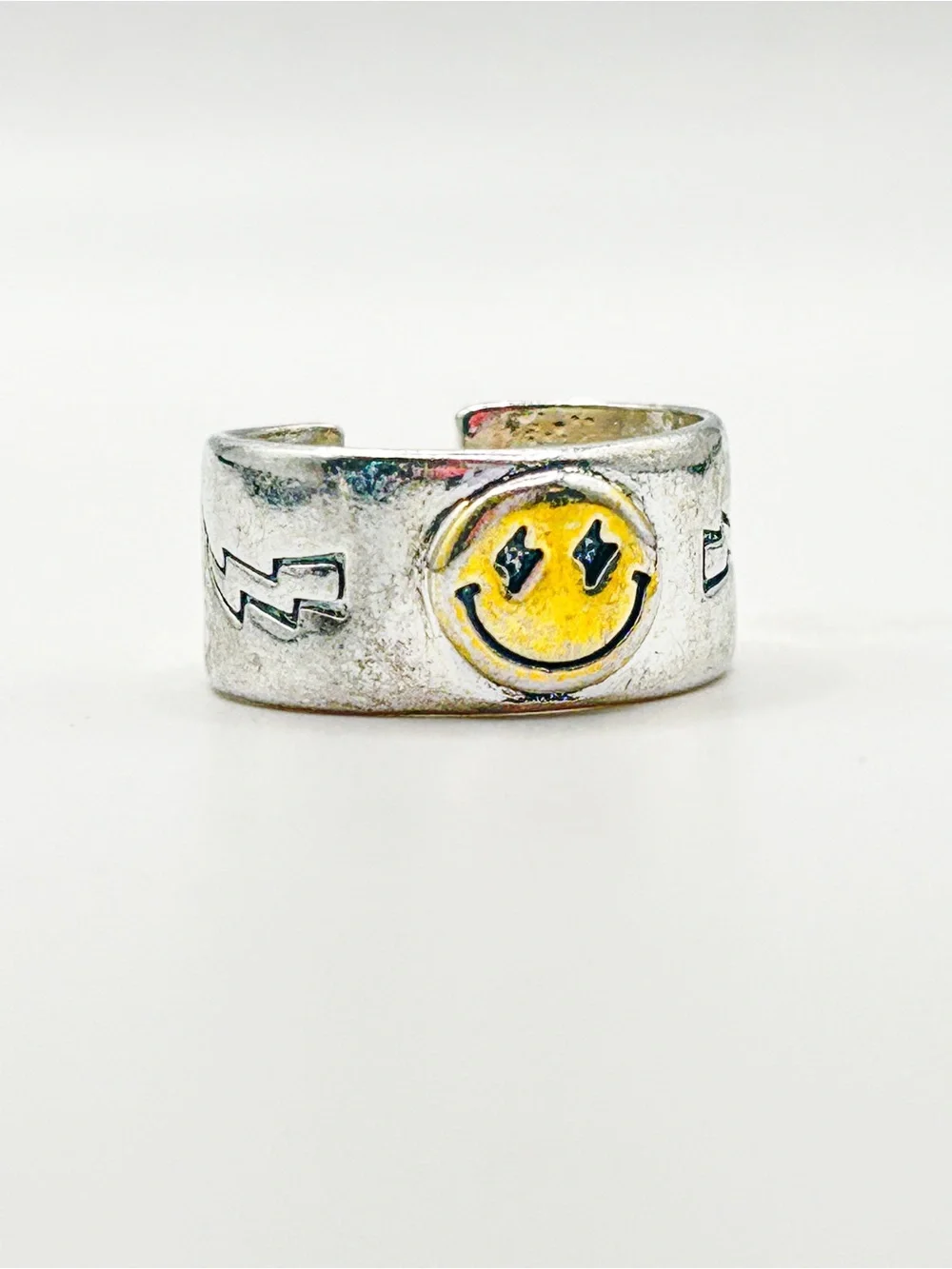 S925 Sterling Silver Smiley Face Adjustable Ring | Lightning Bolt Star Wide Band